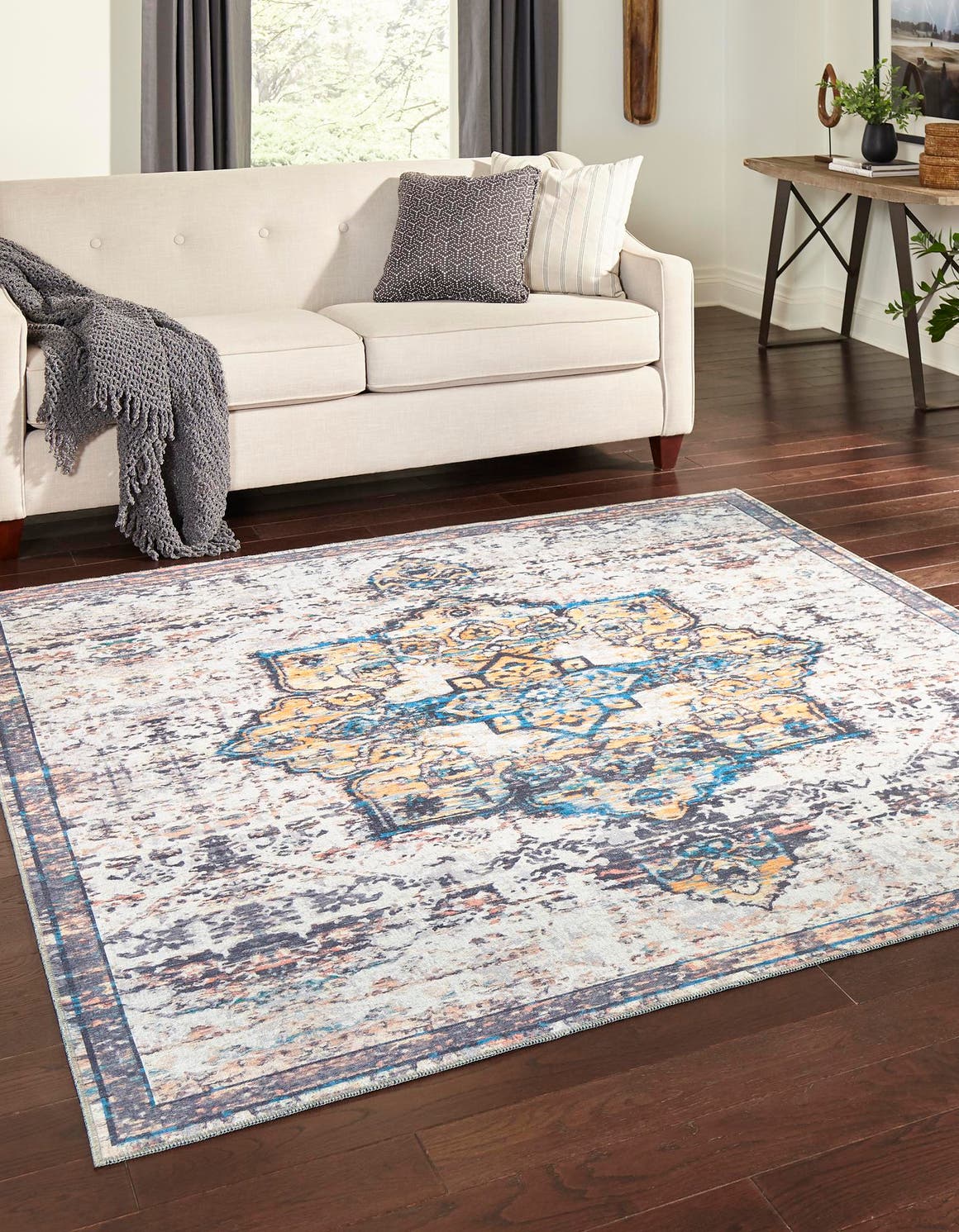 Washable Sea Salt White 5' 3 x 5' 3 Renaissance Square Area Rug Easy to Clean Stain Resistant & Durable Colorful Distressed Vintage Carpet for Sale at Rug Engine