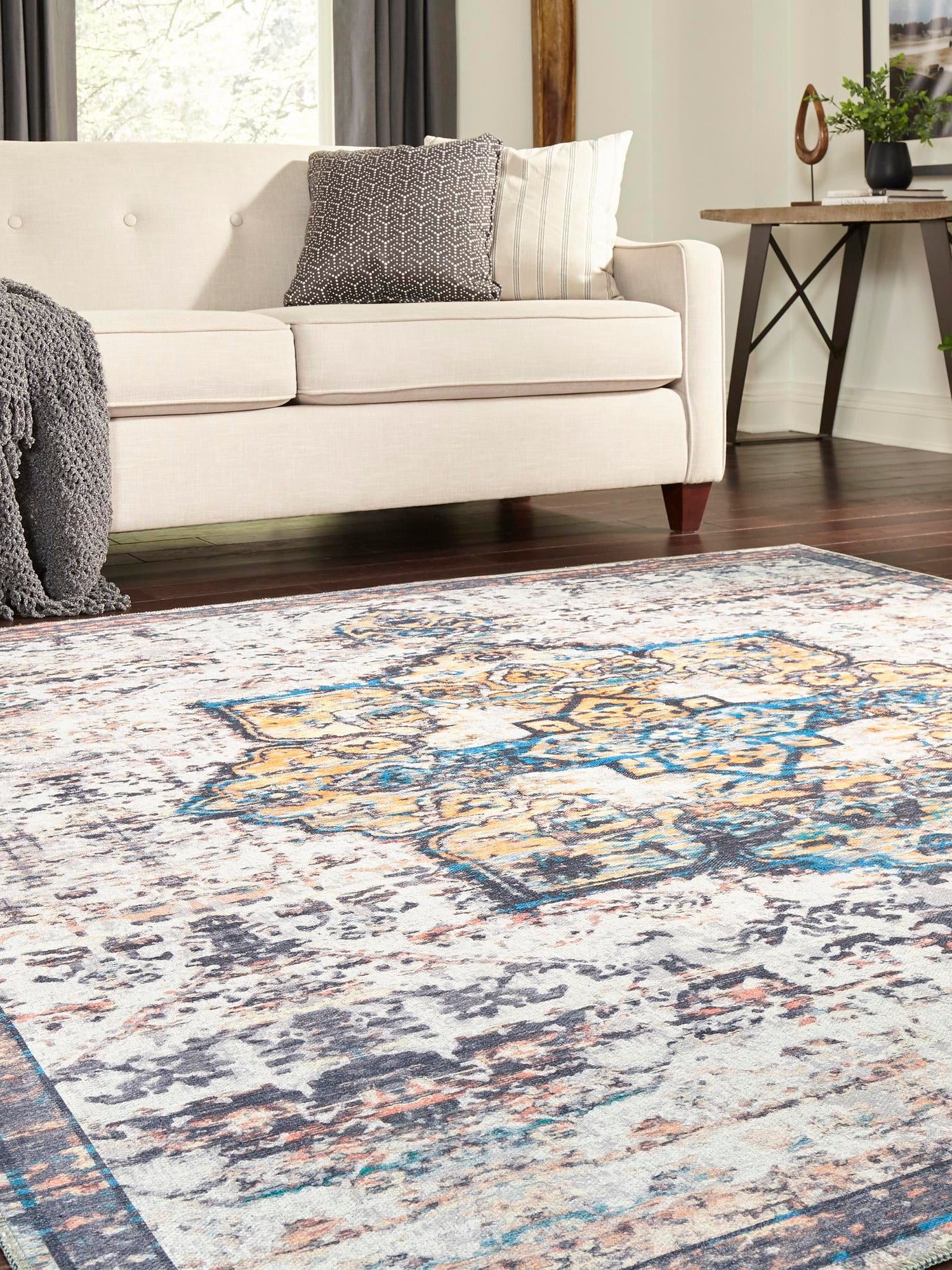 Washable Sea Salt White 7' 3 x 7' 3 Renaissance Square Area Rug Easy to Clean Stain Resistant & Durable Colorful Distressed Vintage Carpet for Sale at Rug Engine