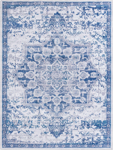 Washable Gray Blue 9' 2 x 12' Renaissance Rectangle Area Rug Easy to Clean Stain Resistant & Durable Colorful Distressed Vintage Carpet for Sale at Rug Engine