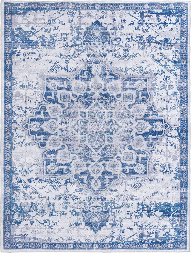 Washable Gray Blue 9' 2 x 12' Renaissance Rectangle Area Rug Easy to Clean Stain Resistant & Durable Colorful Distressed Vintage Carpet for Sale at Rug Engine