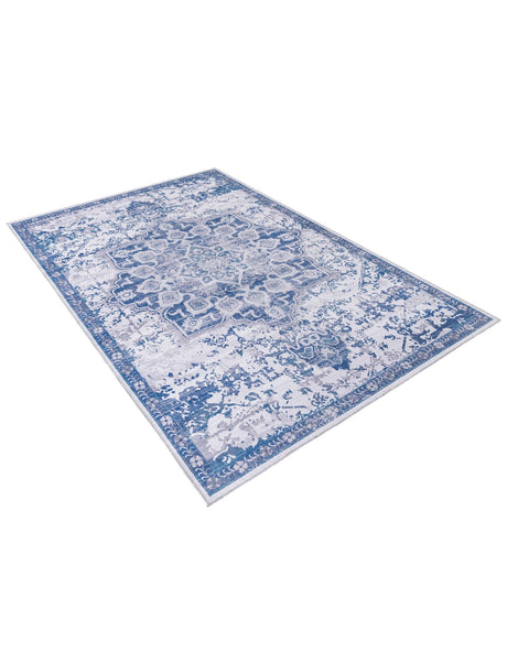 Washable Gray Blue 7' 10 x 11' Renaissance Rectangle Area Rug Easy to Clean Stain Resistant & Durable Colorful Distressed Vintage Carpet for Sale at Rug Engine