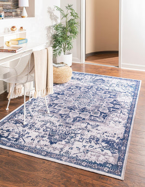 Washable Gray Blue 9' 2 x 12' Renaissance Rectangle Area Rug Easy to Clean Stain Resistant & Durable Colorful Distressed Vintage Carpet for Sale at Rug Engine