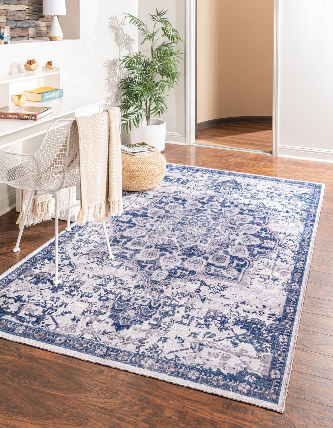 Washable Gray Blue 7' 10 x 10' Renaissance Rectangle Area Rug Easy to Clean Stain Resistant & Durable Colorful Distressed Vintage Carpet for Sale at Rug Engine