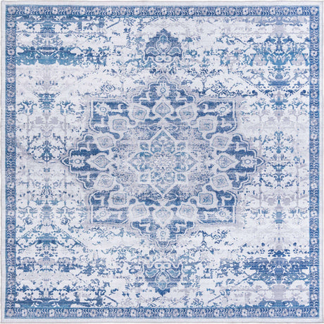 Washable Gray Blue 10' 6 x 10' 6 Renaissance Square Area Rug Easy to Clean Stain Resistant & Durable Colorful Distressed Vintage Carpet for Sale at Rug Engine