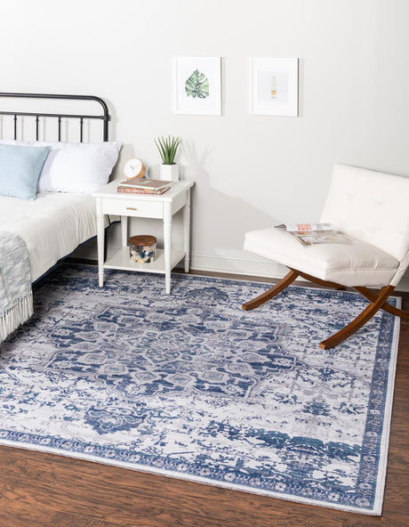 Washable Gray Blue 5' 11 x 5' 11 Renaissance Square Area Rug Easy to Clean Stain Resistant & Durable Colorful Distressed Vintage Carpet for Sale at Rug Engine