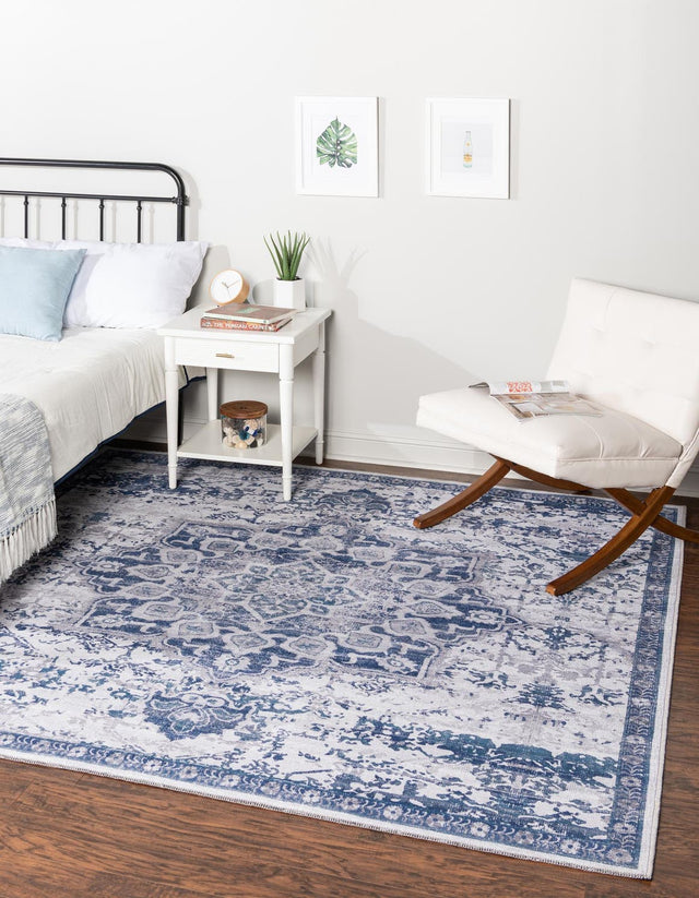 Washable Gray Blue 5' 11 x 5' 11 Renaissance Square Area Rug Easy to Clean Stain Resistant & Durable Colorful Distressed Vintage Carpet for Sale at Rug Engine