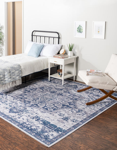 Washable Gray Blue 3' 11 x 3' 11 Renaissance Square Area Rug Easy to Clean Stain Resistant & Durable Colorful Distressed Vintage Carpet for Sale at Rug Engine
