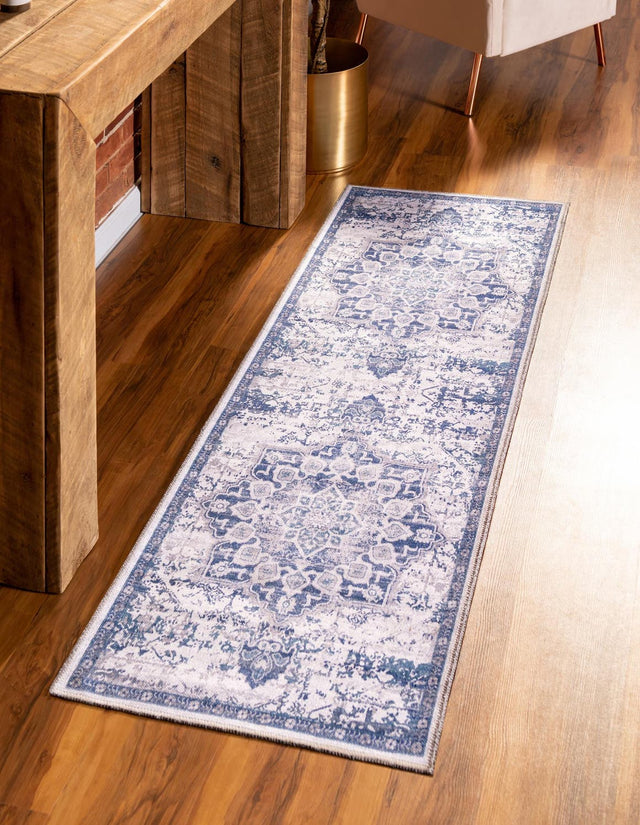 Washable Gray Blue 2' x 5' 1 Renaissance Runner Area Rug Easy to Clean Stain Resistant & Durable Colorful Distressed Vintage Carpet for Sale at Rug Engine