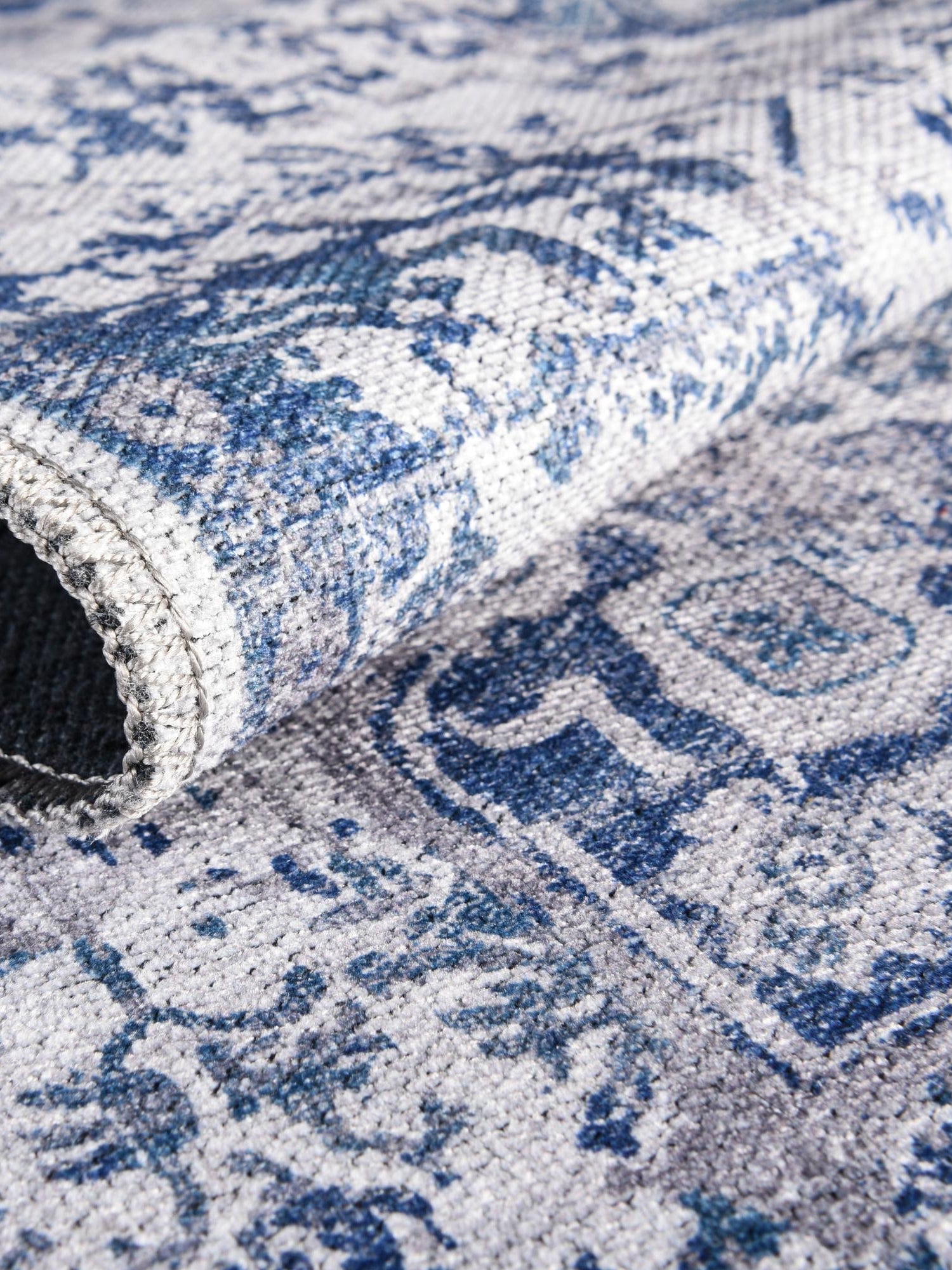 Washable Gray Blue 2' 7 x 16' 5 Renaissance Runner Area Rug Easy to Clean Stain Resistant & Durable Colorful Distressed Vintage Carpet for Sale at Rug Engine