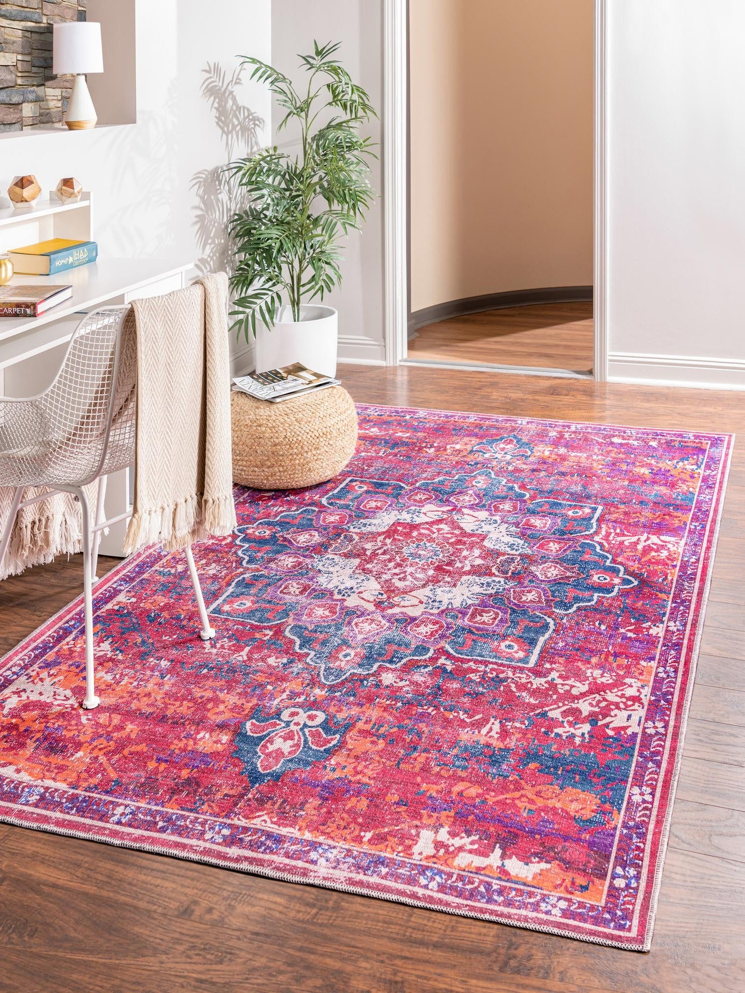 Washable Multicolor Fuchsia 10' 6 x 14' Renaissance Rectangle Area Rug Easy to Clean Stain Resistant & Durable Colorful Distressed Vintage Carpet for Sale at Rug Engine