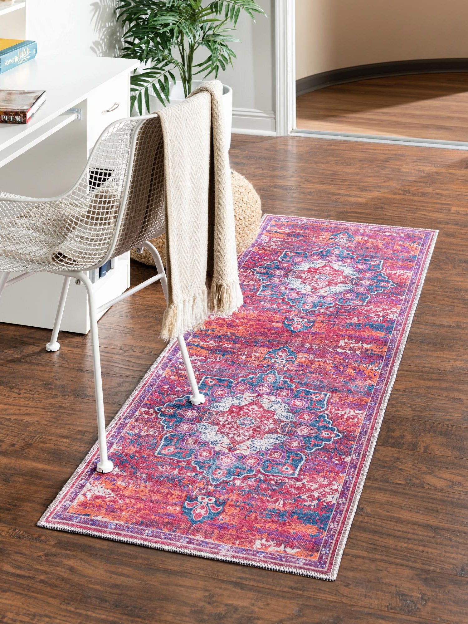 Washable Multicolor Fuchsia 2' x 13' Renaissance Runner Area Rug Easy to Clean Stain Resistant & Durable Colorful Distressed Vintage Carpet for Sale at Rug Engine