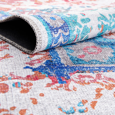 Washable Ivory Blue 7' 10 x 11' Renaissance Rectangle Area Rug Easy to Clean Stain Resistant & Durable Colorful Distressed Vintage Carpet for Sale at Rug Engine