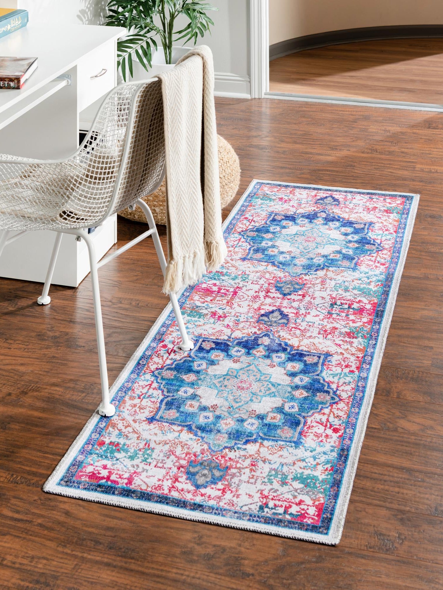 Washable Ivory Blue 2' x 13' Renaissance Runner Area Rug Easy to Clean Stain Resistant & Durable Colorful Distressed Vintage Carpet for Sale at Rug Engine