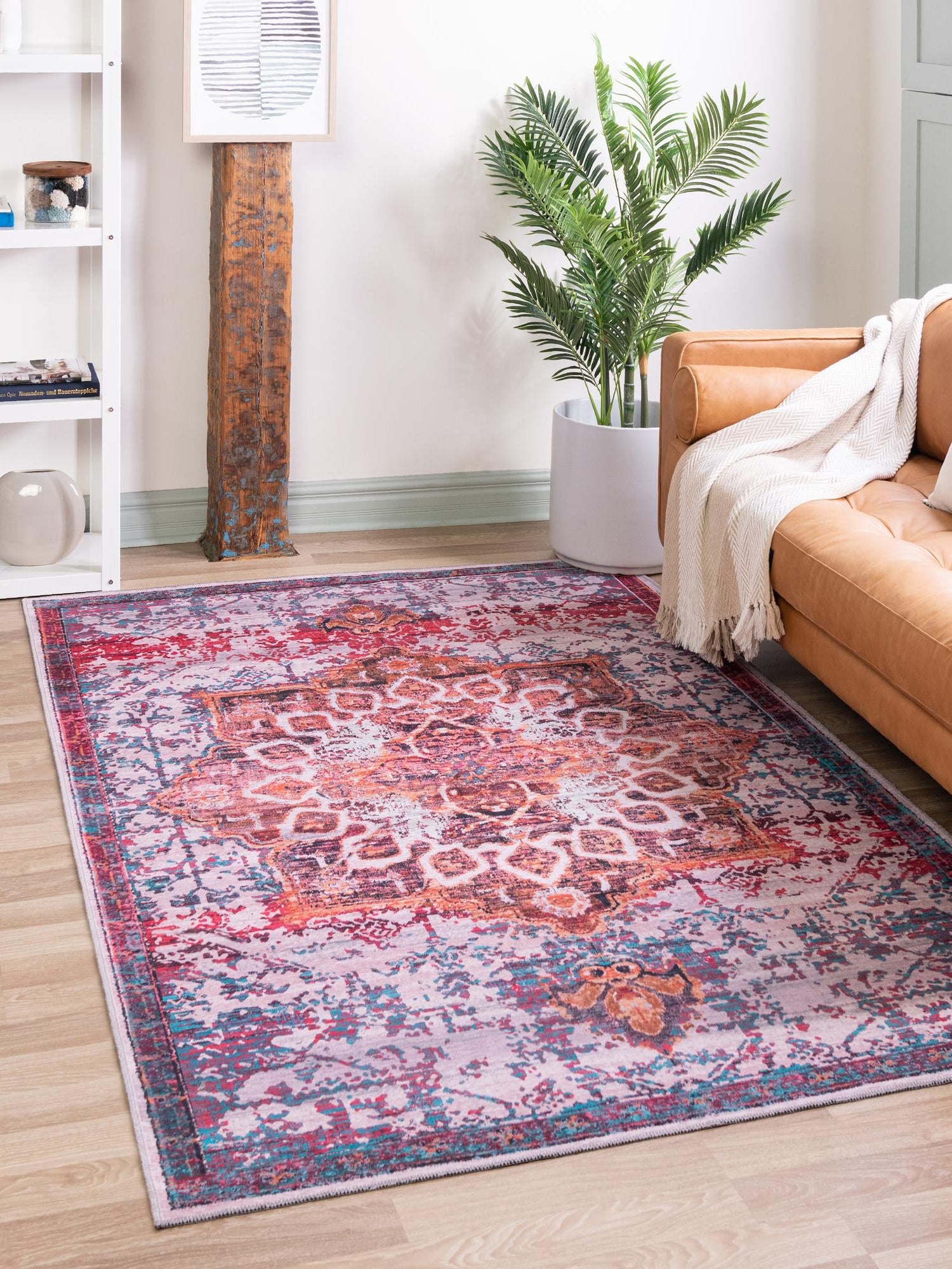 Washable Ivory Orange 7' 10 x 11' Renaissance Rectangle Area Rug Easy to Clean Stain Resistant & Durable Colorful Distressed Vintage Carpet for Sale at Rug Engine