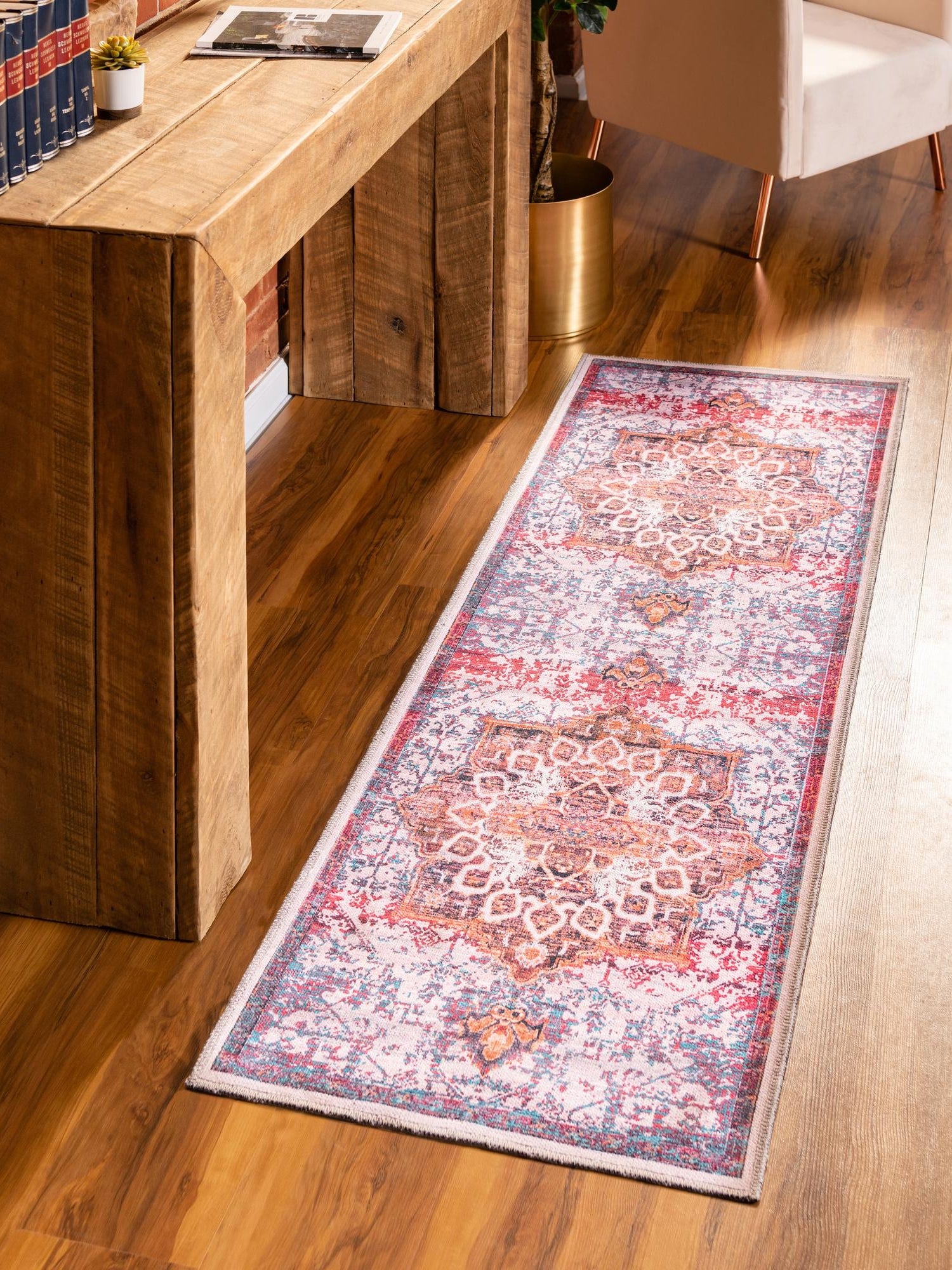 Washable Ivory Orange 2' x 13' Renaissance Runner Area Rug Easy to Clean Stain Resistant & Durable Colorful Distressed Vintage Carpet for Sale at Rug Engine