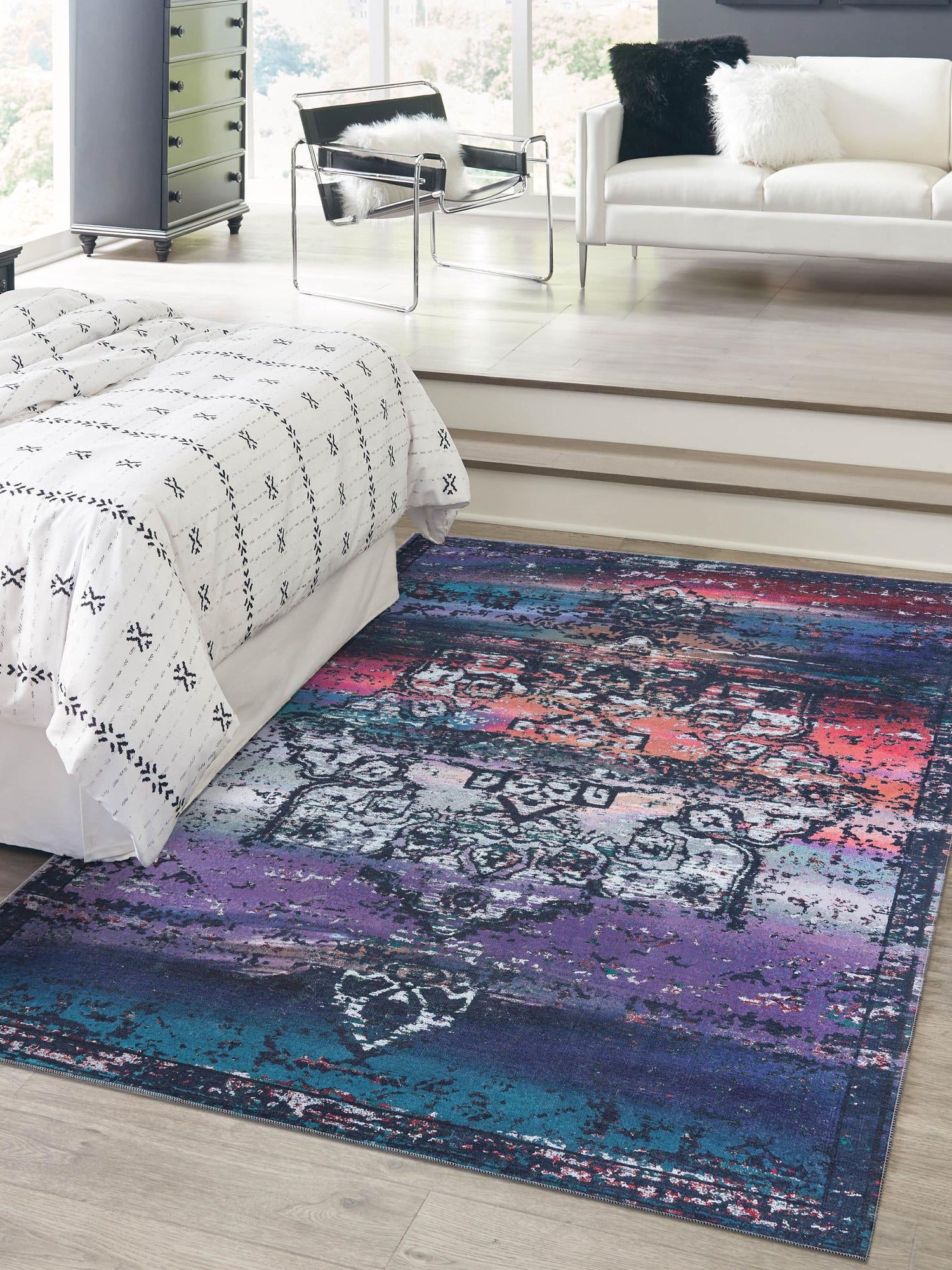 Washable Multicolor Blue 10' 6 x 14' Renaissance Rectangle Area Rug Easy to Clean Stain Resistant & Durable Colorful Distressed Vintage Carpet for Sale at Rug Engine
