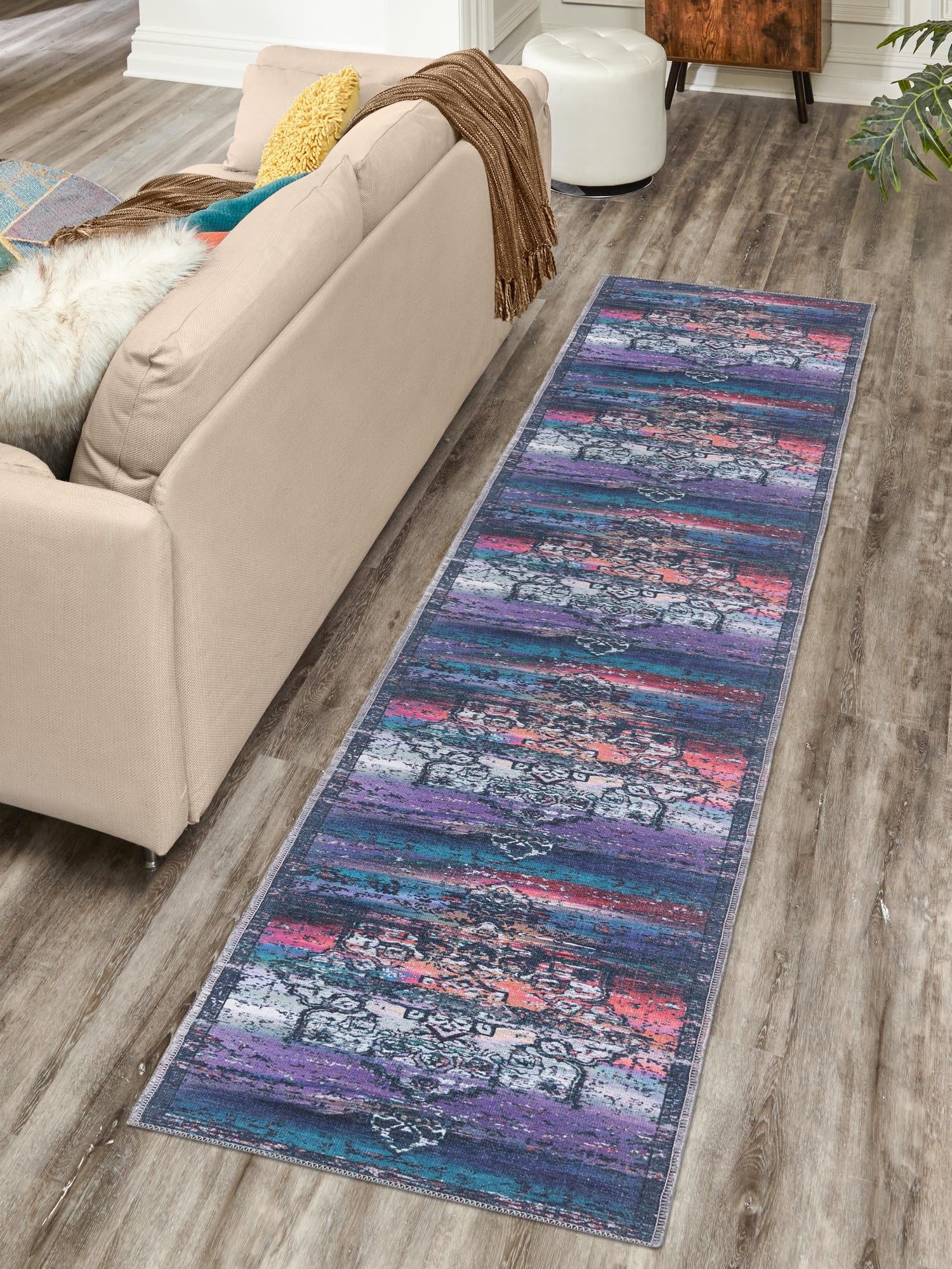 Washable Multicolor Blue 2' x 9' 10 Renaissance Runner Area Rug Easy to Clean Stain Resistant & Durable Colorful Distressed Vintage Carpet for Sale at Rug Engine