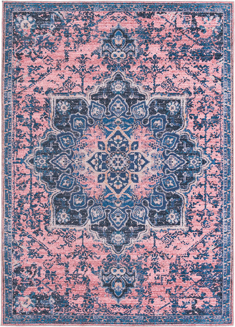 Washable Salmon Pink 7' 10 x 11' Renaissance Rectangle Area Rug Easy to Clean Stain Resistant & Durable Colorful Distressed Vintage Carpet for Sale at Rug Engine