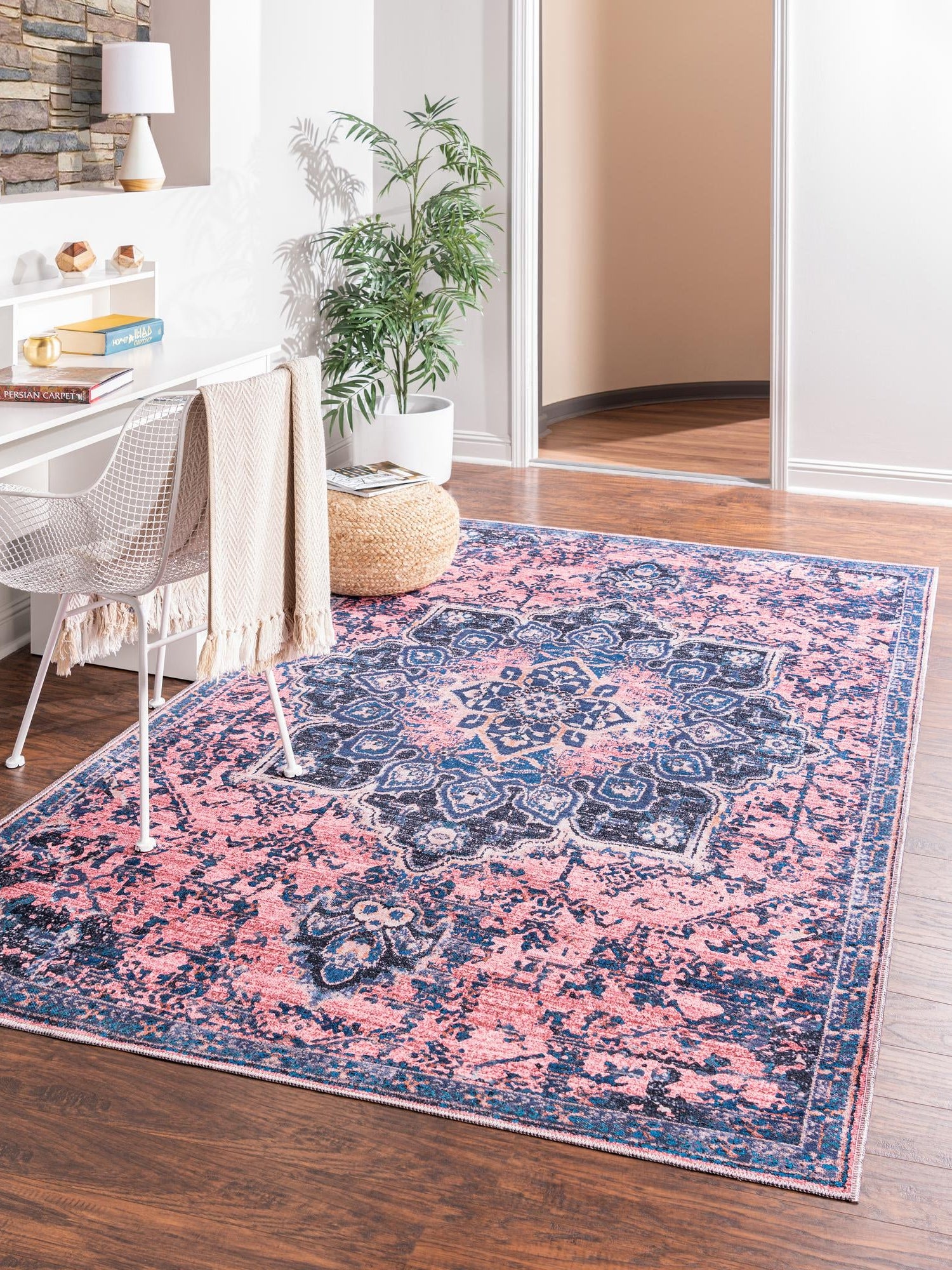 Washable Salmon Pink 9' 2 x 12' Renaissance Rectangle Area Rug Easy to Clean Stain Resistant & Durable Colorful Distressed Vintage Carpet for Sale at Rug Engine