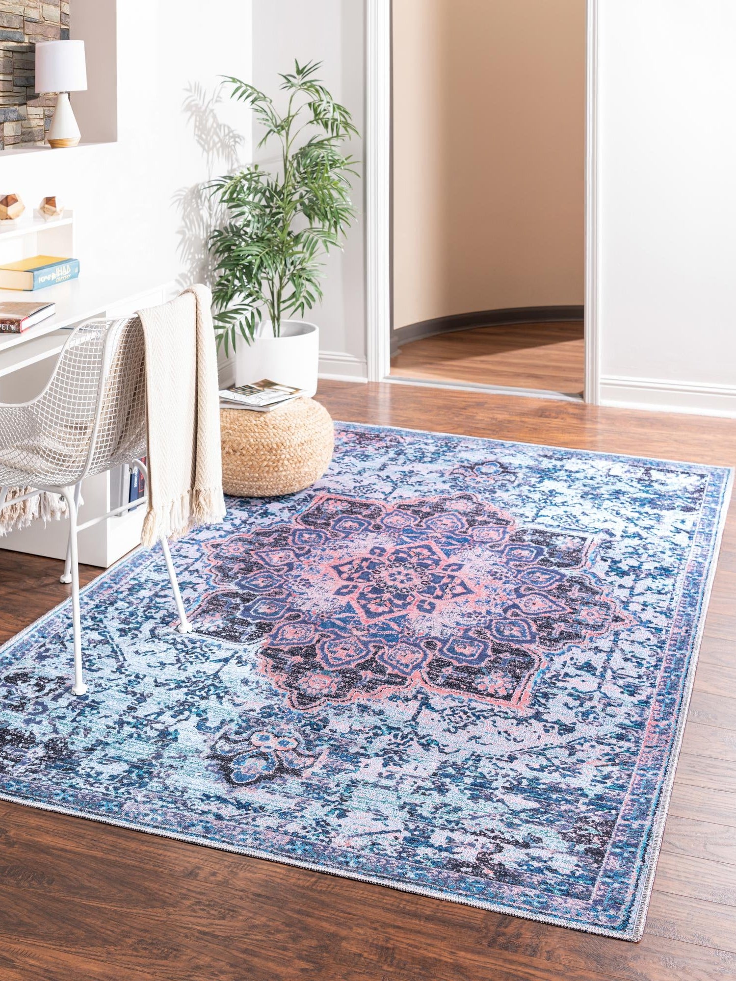 Washable Light Blue 10' 6 x 14' Renaissance Rectangle Area Rug Easy to Clean Stain Resistant & Durable Colorful Distressed Vintage Carpet for Sale at Rug Engine