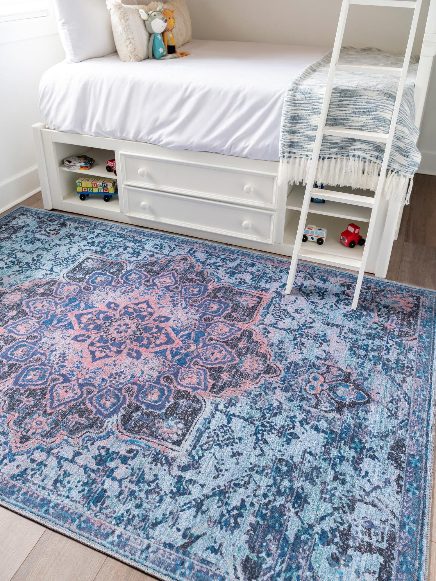 Washable Light Blue 10' 6 x 14' Renaissance Rectangle Area Rug Easy to Clean Stain Resistant & Durable Colorful Distressed Vintage Carpet for Sale at Rug Engine