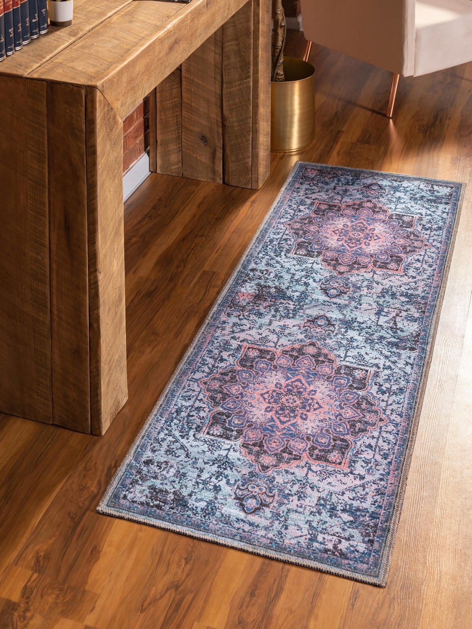 Washable Light Blue 2' x 13' Renaissance Runner Area Rug Easy to Clean Stain Resistant & Durable Colorful Distressed Vintage Carpet for Sale at Rug Engine