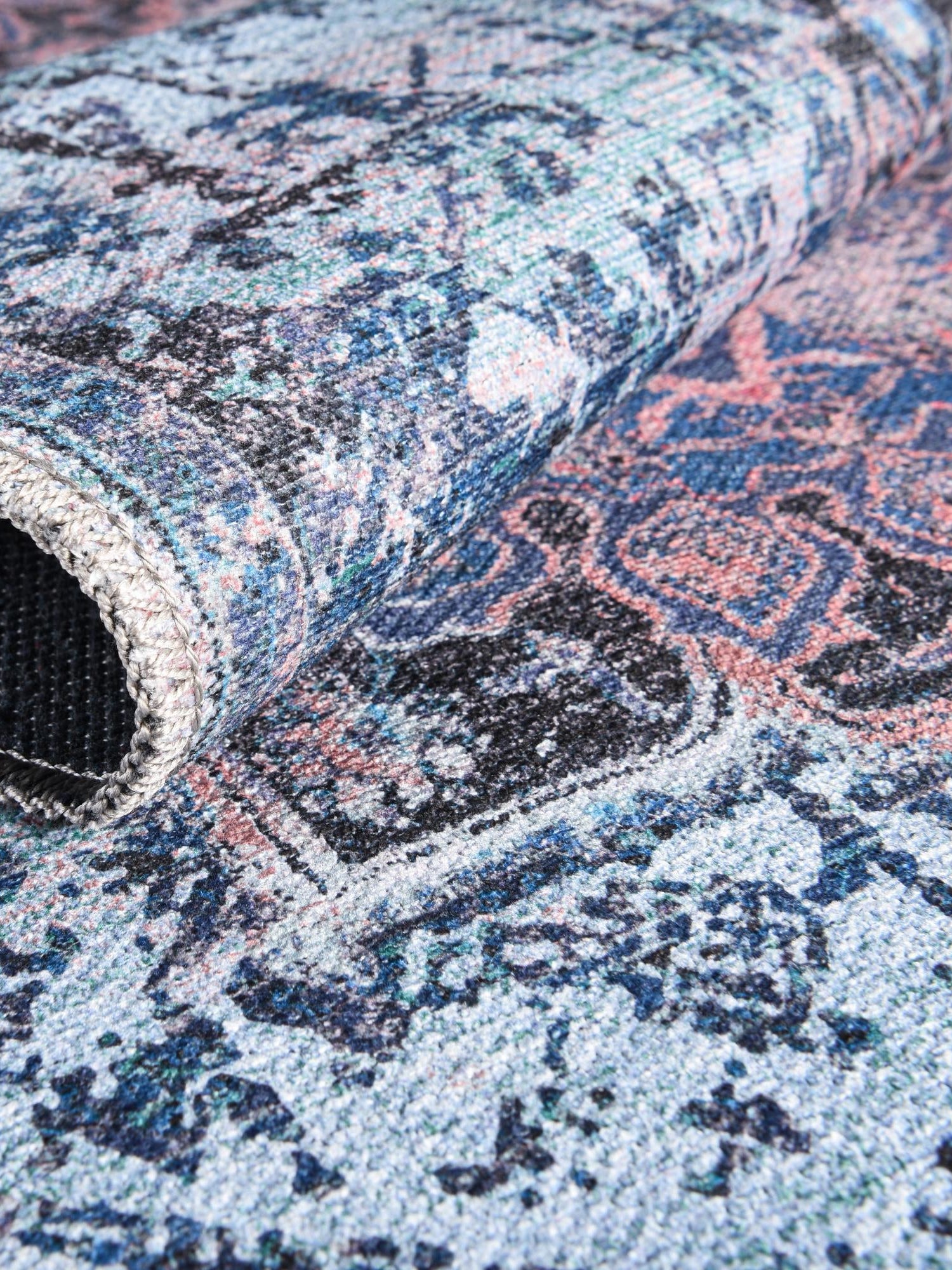 Washable Light Blue 2' 7 x 12' Renaissance Runner Area Rug Easy to Clean Stain Resistant & Durable Colorful Distressed Vintage Carpet for Sale at Rug Engine