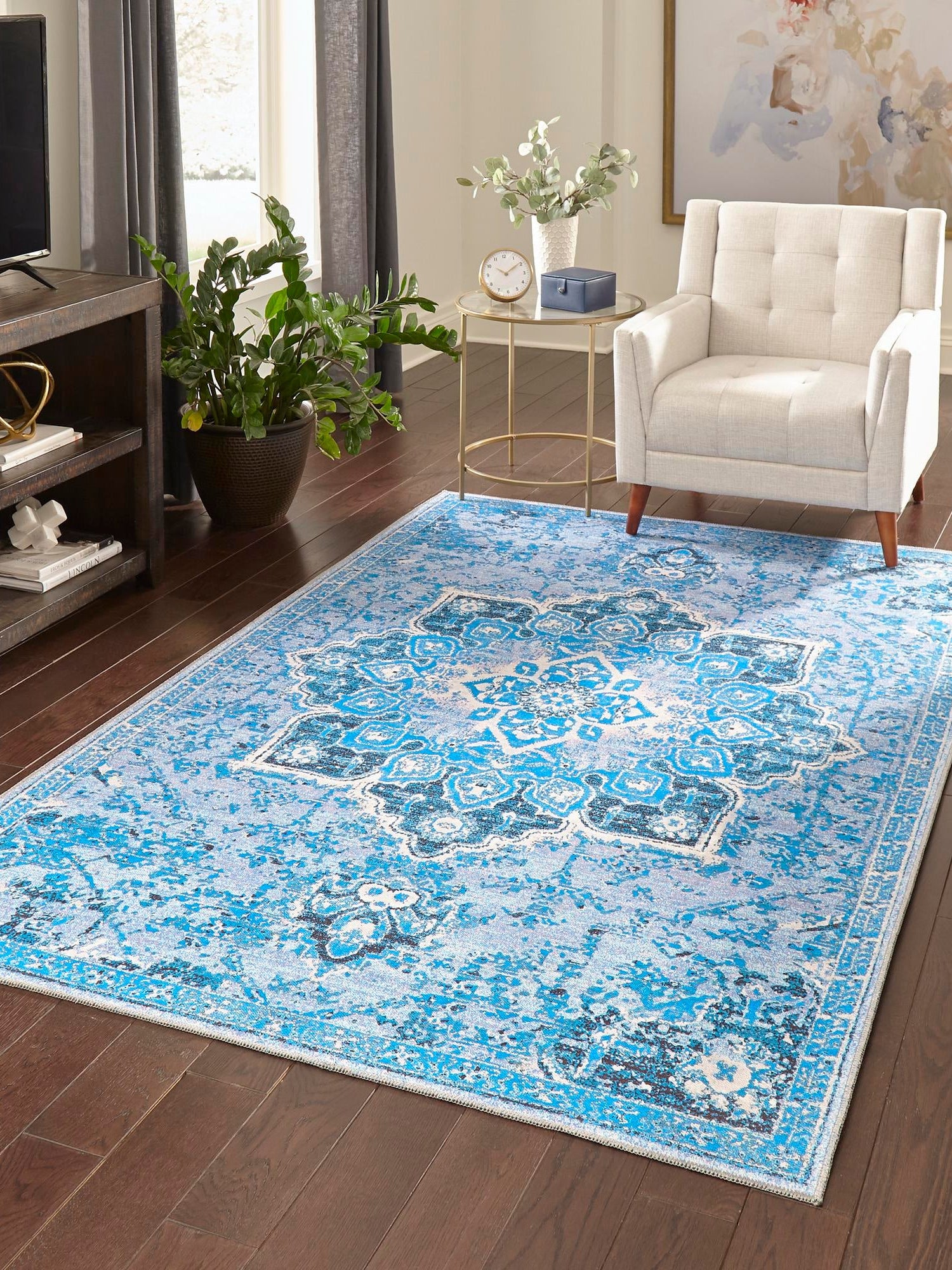 Washable Aqua Blue 10' 6 x 13' Renaissance Rectangle Area Rug Easy to Clean Stain Resistant & Durable Colorful Distressed Vintage Carpet for Sale at Rug Engine