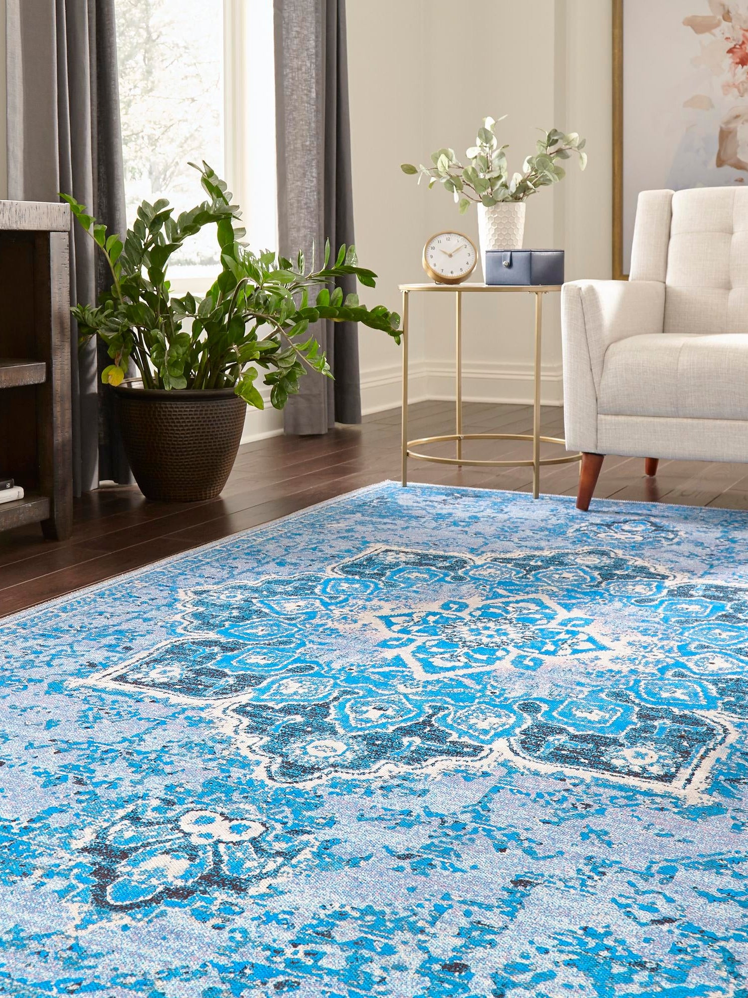 Washable Aqua Blue 10' 6 x 13' Renaissance Rectangle Area Rug Easy to Clean Stain Resistant & Durable Colorful Distressed Vintage Carpet for Sale at Rug Engine