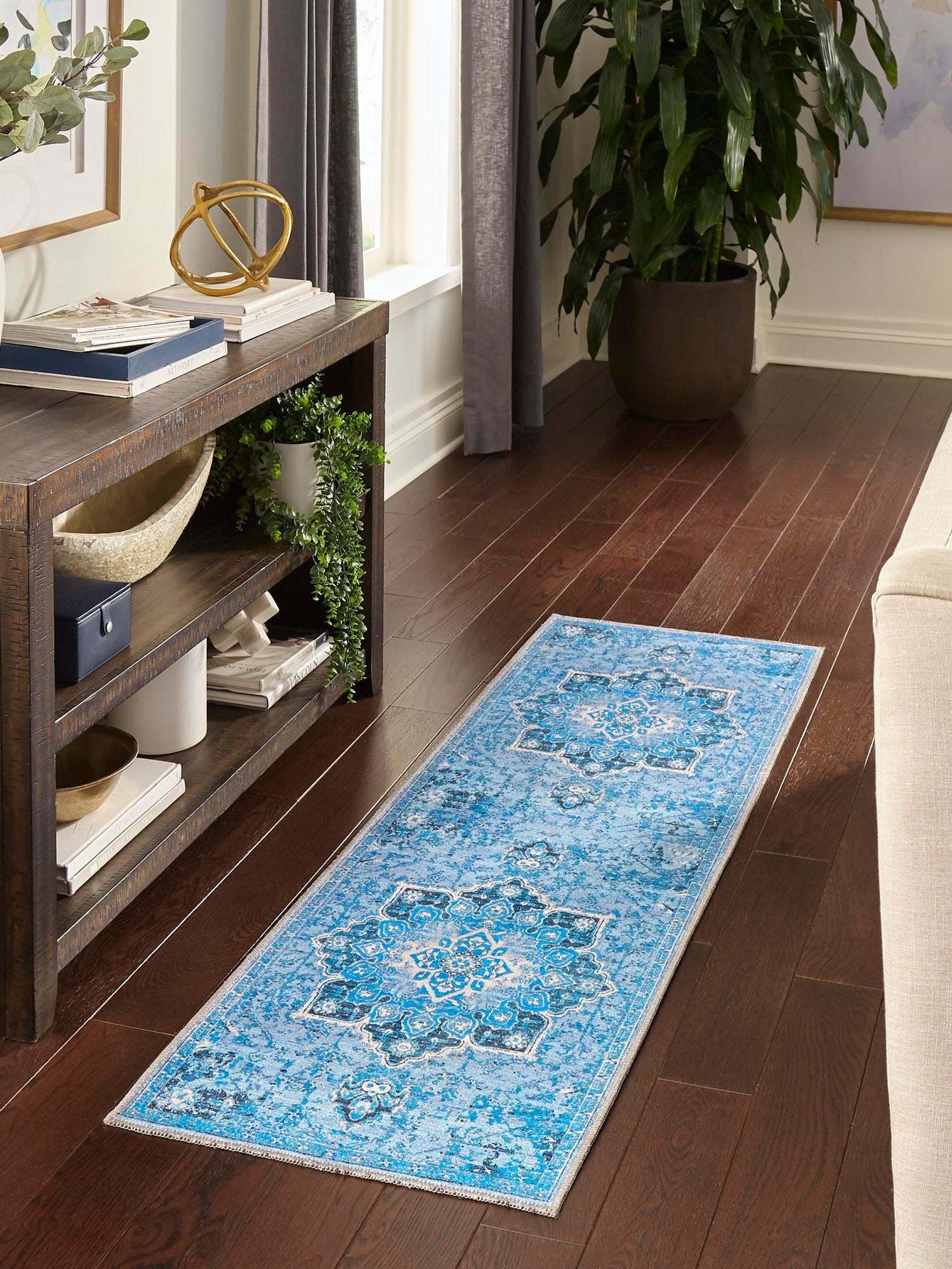 Washable Aqua Blue 2' x 13' Renaissance Runner Area Rug Easy to Clean Stain Resistant & Durable Colorful Distressed Vintage Carpet for Sale at Rug Engine