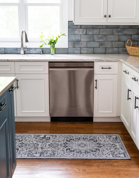 Washable Light Gray 2' x 13' 1 Renaissance Runner Area Rug Easy to Clean Stain Resistant & Durable Colorful Distressed Vintage Carpet for Sale at Rug Engine