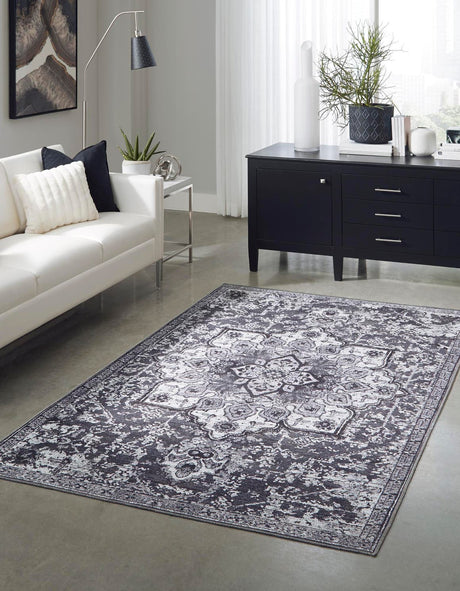 Washable Dark Gray 9' 2 x 12' Renaissance Rectangle Area Rug Easy to Clean Stain Resistant & Durable Colorful Distressed Vintage Carpet for Sale at Rug Engine