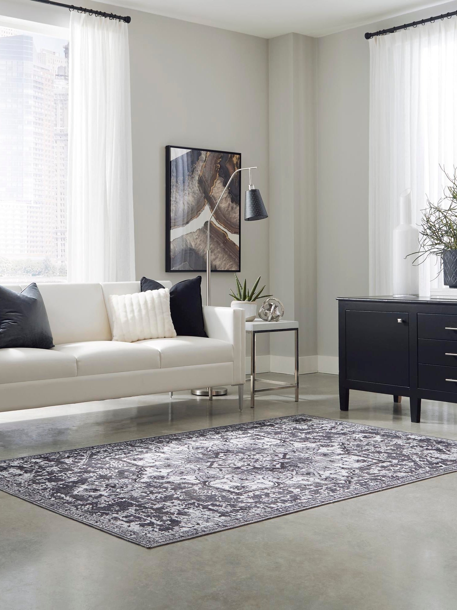 Washable Dark Gray 3' 3 x 5' 3 Renaissance Rectangle Area Rug Easy to Clean Stain Resistant & Durable Colorful Distressed Vintage Carpet for Sale at Rug Engine