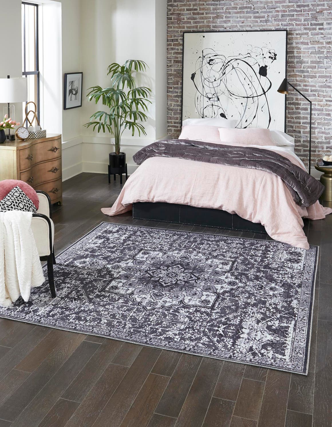 Washable Dark Gray 7' 10 x 7' 10 Renaissance Square Area Rug Easy to Clean Stain Resistant & Durable Colorful Distressed Vintage Carpet for Sale at Rug Engine