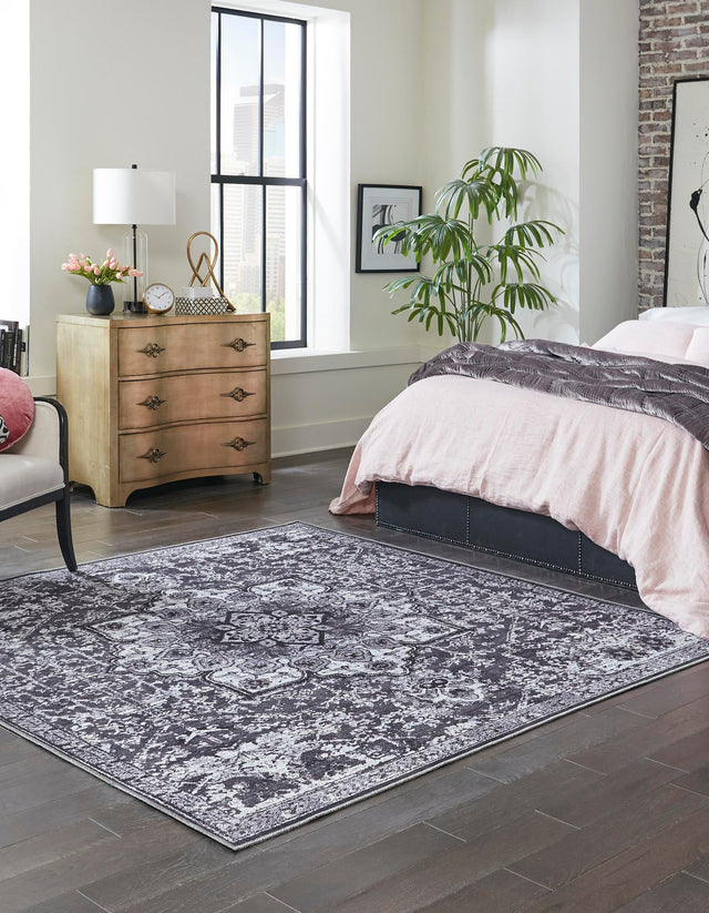 Washable Dark Gray 10' 6 x 10' 6 Renaissance Square Area Rug Easy to Clean Stain Resistant & Durable Colorful Distressed Vintage Carpet for Sale at Rug Engine