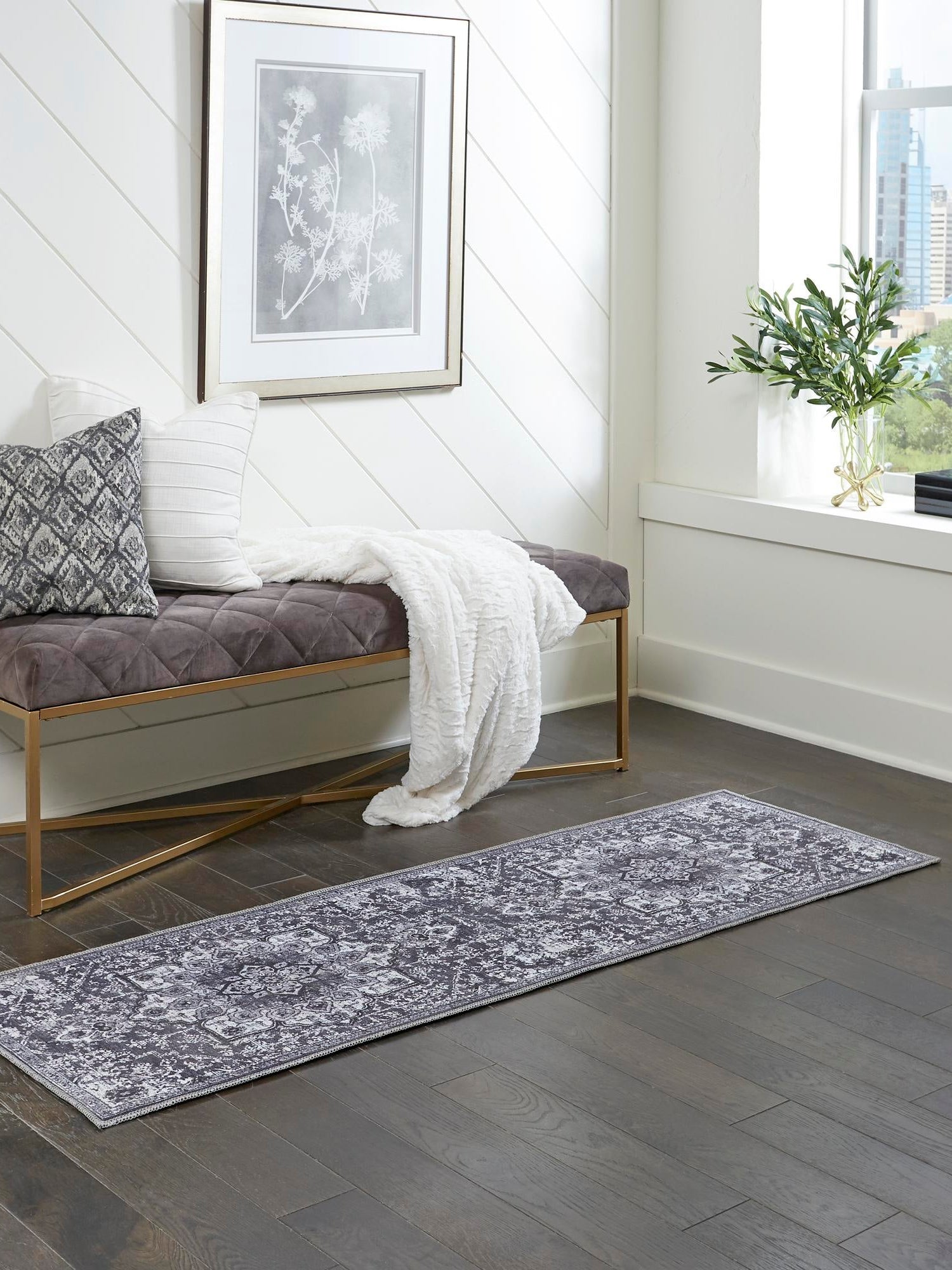 Washable Dark Gray 2' x 8' Renaissance Runner Area Rug Easy to Clean Stain Resistant & Durable Colorful Distressed Vintage Carpet for Sale at Rug Engine