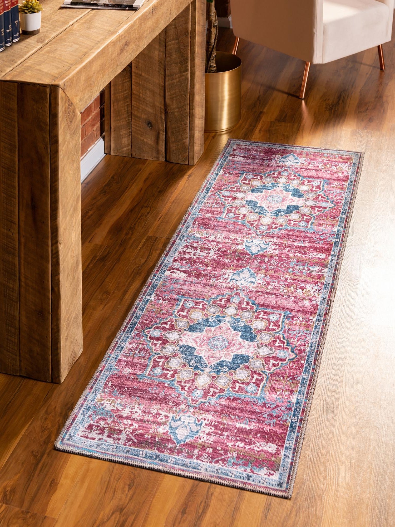 Washable Antique Pink 2' 7 x 12' Renaissance Runner Area Rug Easy to Clean Stain Resistant & Durable Colorful Distressed Vintage Carpet for Sale at Rug Engine