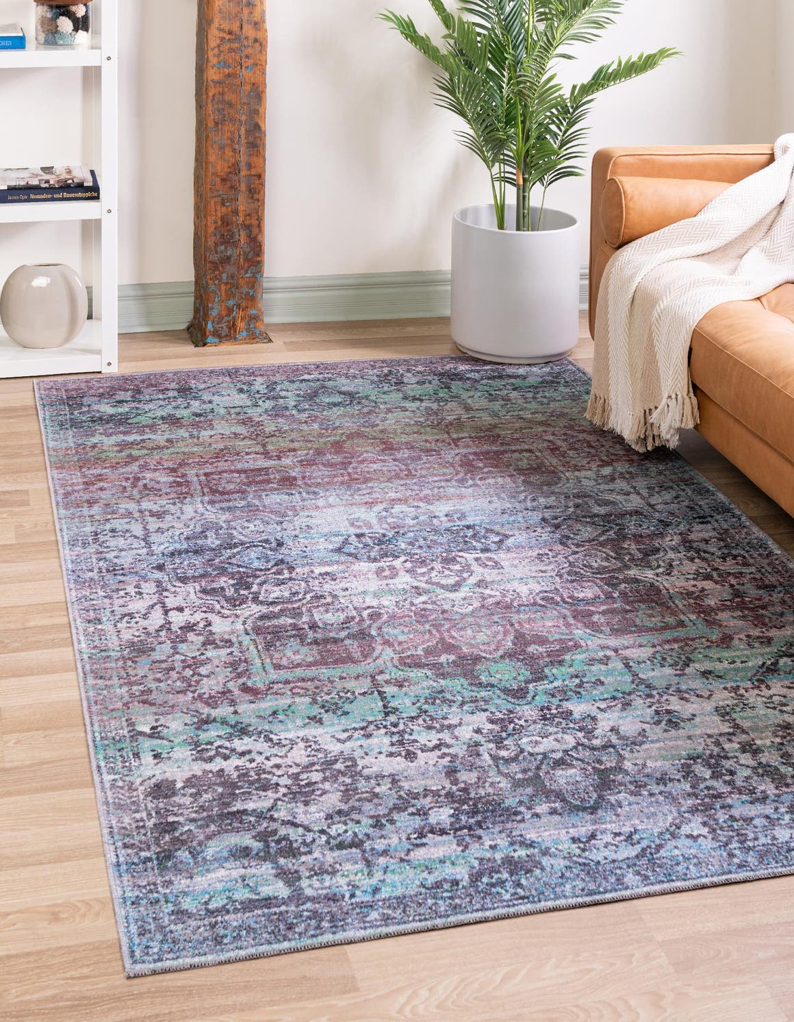 Washable Blue Green 5' 11 x 9' Renaissance Rectangle Area Rug Easy to Clean Stain Resistant & Durable Colorful Distressed Vintage Carpet for Sale at Rug Engine