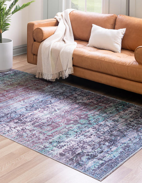 Washable Blue Green 7' 10 x 11' Renaissance Rectangle Area Rug Easy to Clean Stain Resistant & Durable Colorful Distressed Vintage Carpet for Sale at Rug Engine