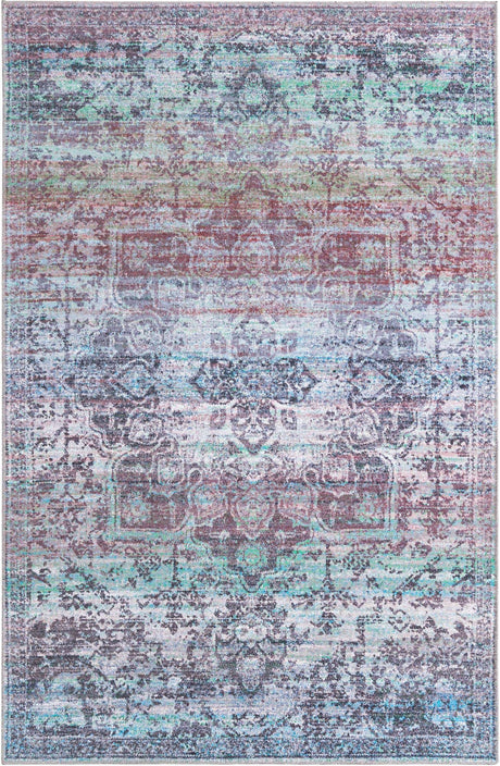 Washable Blue Green 5' 3 x 8' Renaissance Rectangle Area Rug Easy to Clean Stain Resistant & Durable Colorful Distressed Vintage Carpet for Sale at Rug Engine
