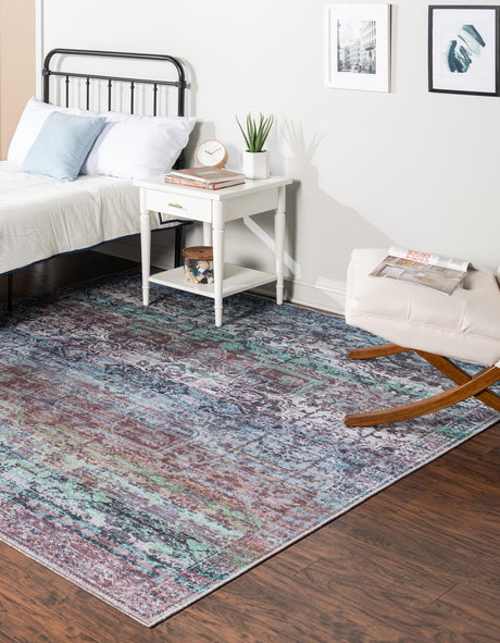 Washable Blue Green 7' 3 x 7' 3 Renaissance Square Area Rug Easy to Clean Stain Resistant & Durable Colorful Distressed Vintage Carpet for Sale at Rug Engine