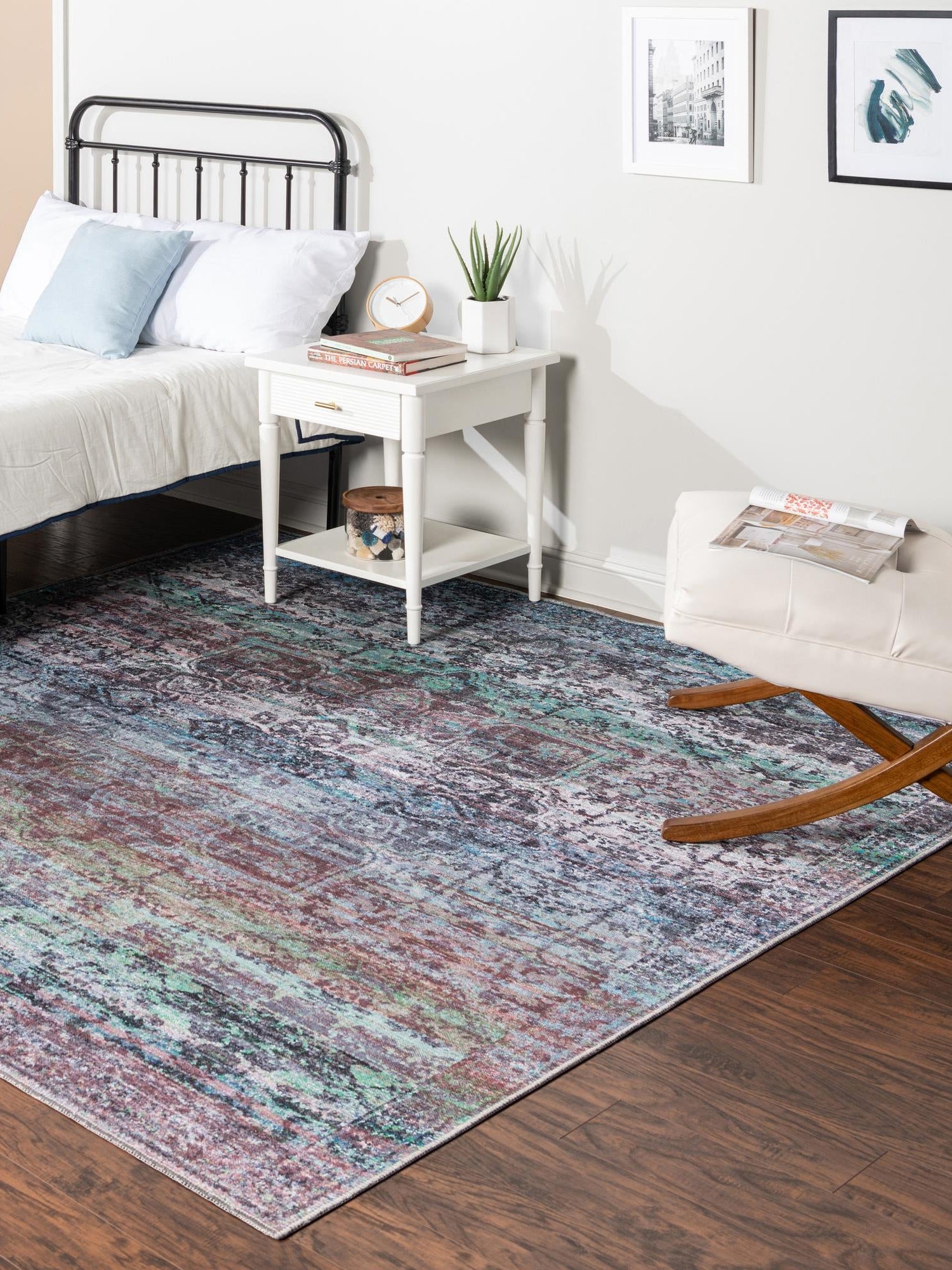 Washable Blue Green 5' 3 x 5' 3 Renaissance Square Area Rug Easy to Clean Stain Resistant & Durable Colorful Distressed Vintage Carpet for Sale at Rug Engine