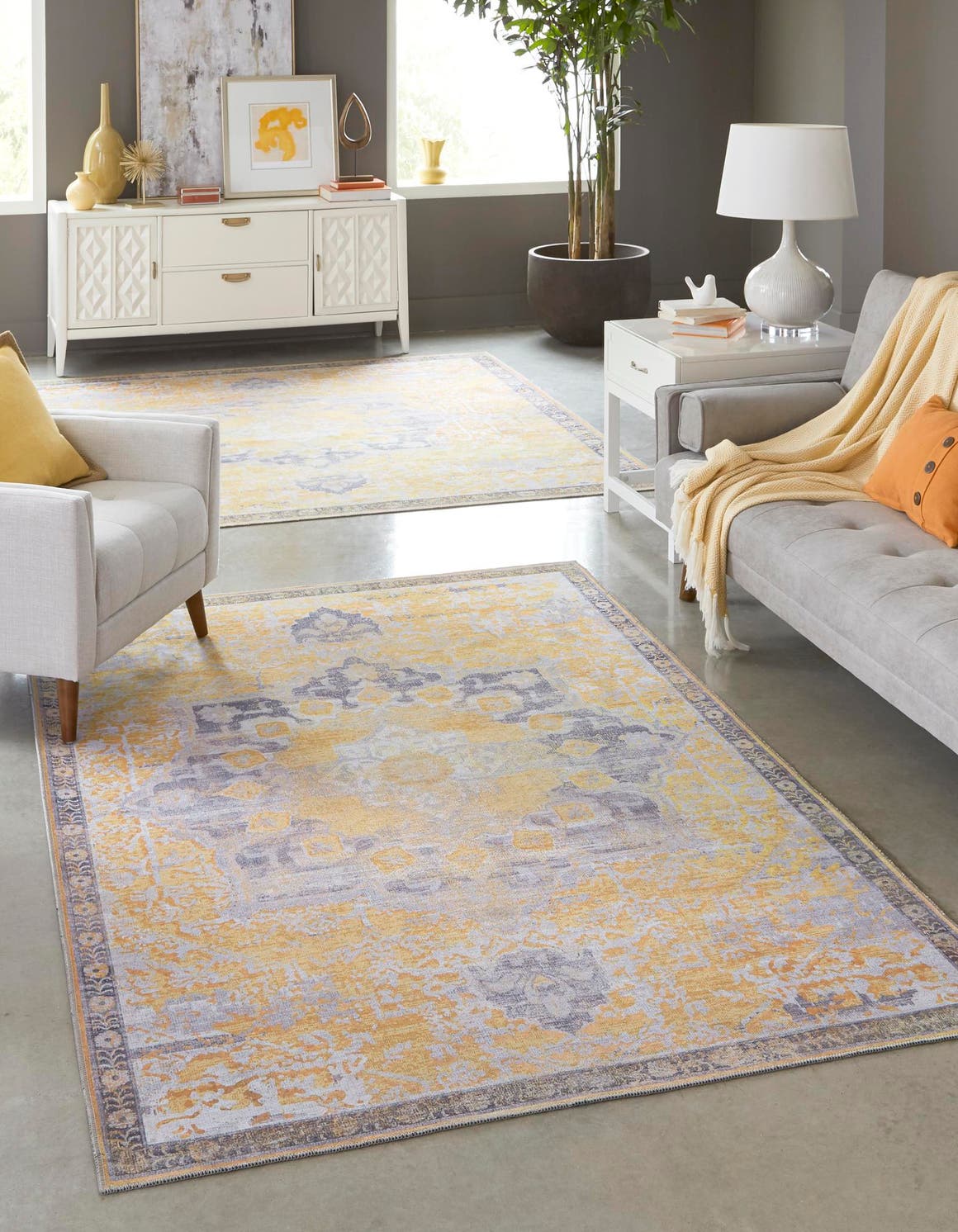 Washable Tuscan Yellow 3' 11 x 6' 1 Renaissance Rectangle Area Rug Easy to Clean Stain Resistant & Durable Colorful Distressed Vintage Carpet for Sale at Rug Engine