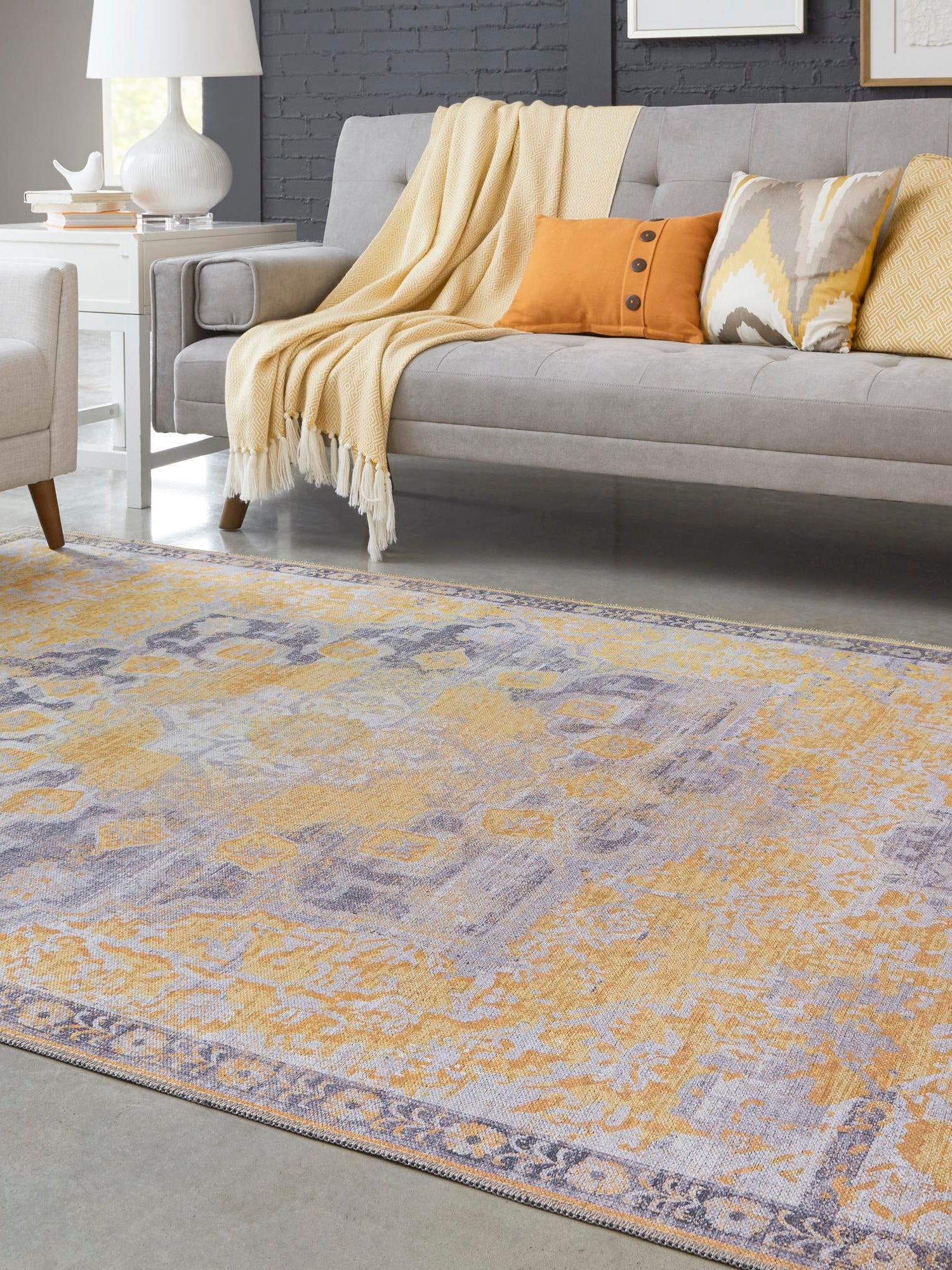 Washable Tuscan Yellow 10' 6 x 14' 1 Renaissance Rectangle Area Rug Easy to Clean Stain Resistant & Durable Colorful Distressed Vintage Carpet for Sale at Rug Engine
