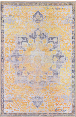 Washable Tuscan Yellow 5' 3 x 8' Renaissance Rectangle Area Rug Easy to Clean Stain Resistant & Durable Colorful Distressed Vintage Carpet for Sale at Rug Engine