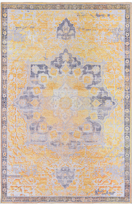 Washable Tuscan Yellow 5' 3 x 8' Renaissance Rectangle Area Rug Easy to Clean Stain Resistant & Durable Colorful Distressed Vintage Carpet for Sale at Rug Engine