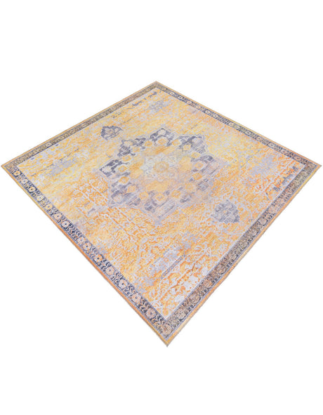 Washable Tuscan Yellow 7' 3 x 7' 3 Renaissance Square Area Rug Easy to Clean Stain Resistant & Durable Colorful Distressed Vintage Carpet for Sale at Rug Engine