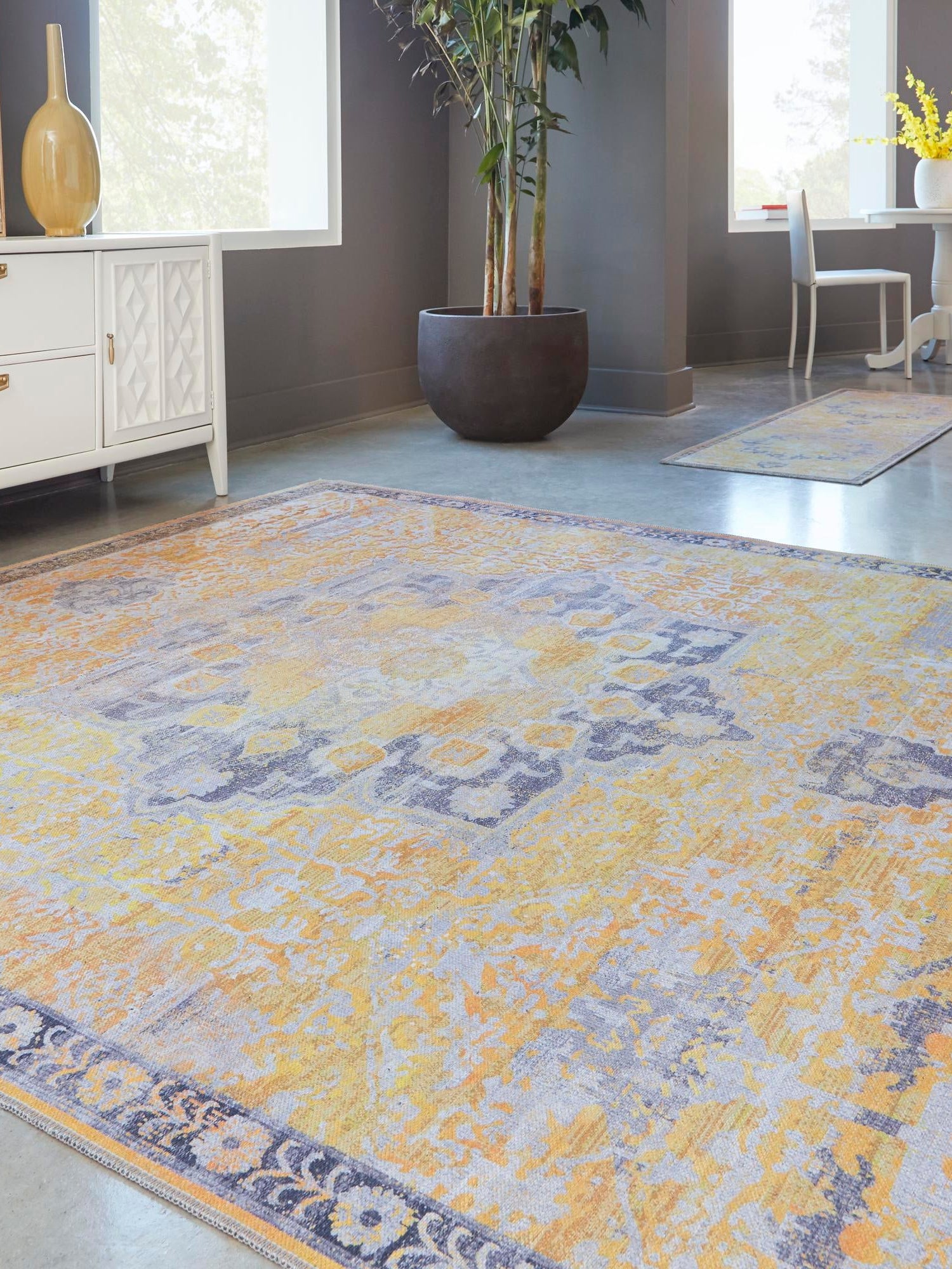 Washable Tuscan Yellow 10' 6 x 10' 6 Renaissance Square Area Rug Easy to Clean Stain Resistant & Durable Colorful Distressed Vintage Carpet for Sale at Rug Engine