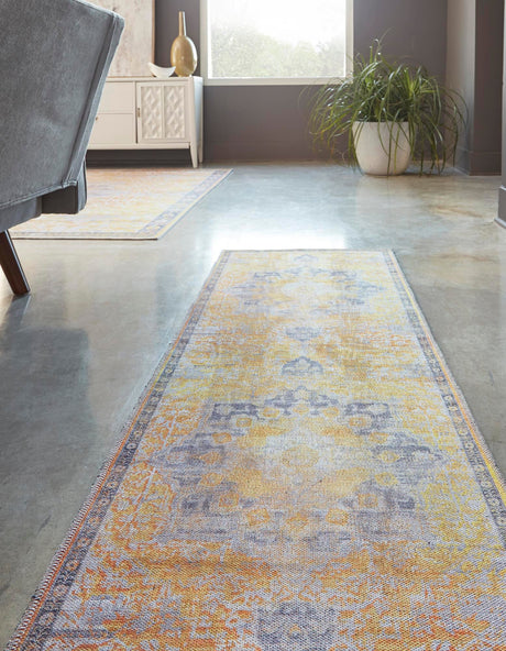 Washable Tuscan Yellow 2' x 13' 1 Renaissance Runner Area Rug Easy to Clean Stain Resistant & Durable Colorful Distressed Vintage Carpet for Sale at Rug Engine