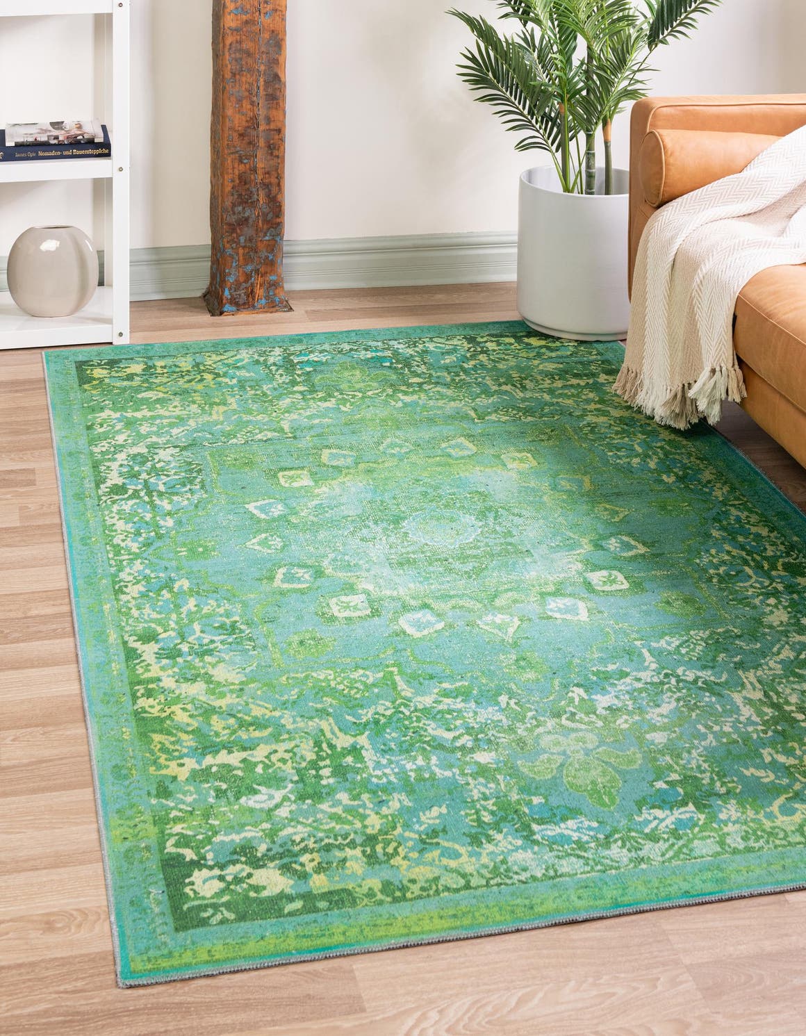Washable Spring Green 5' 11 x 9' Renaissance Rectangle Area Rug Easy to Clean Stain Resistant & Durable Colorful Distressed Vintage Carpet for Sale at Rug Engine